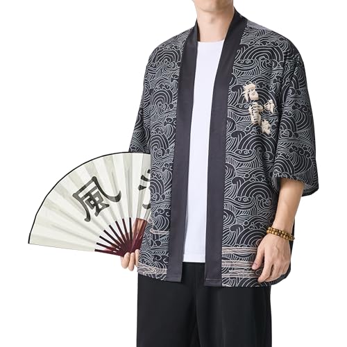 Image of PRIJOUHE Men's Japanese Kimono Cardigan Jackets Casual Long Sleeve Open Front Coat Lightweight Yukata Outwear