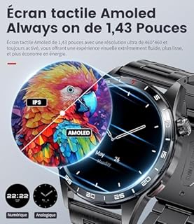 FITFLEX Montre Connectée Homme avec Appels Bluetooth, 1.43'' HD Amoled Écran Smartwatch Homme avec Fréquence Cardiaque/Sommei/SpO2, IP68 Étanche Montre Fitness avec 120 Modes Sportifs pour Android iOS