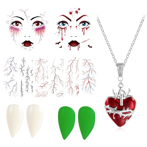 DPKOW Accesorios para Disfraces de Vampiro, Dientes y Colmillos de Vampiro, Tatuajes faciales de Halloween, Tatuajes de Vasos sanguíneos, Collares para Disfraces de Halloween, Accesorios de Cosplay