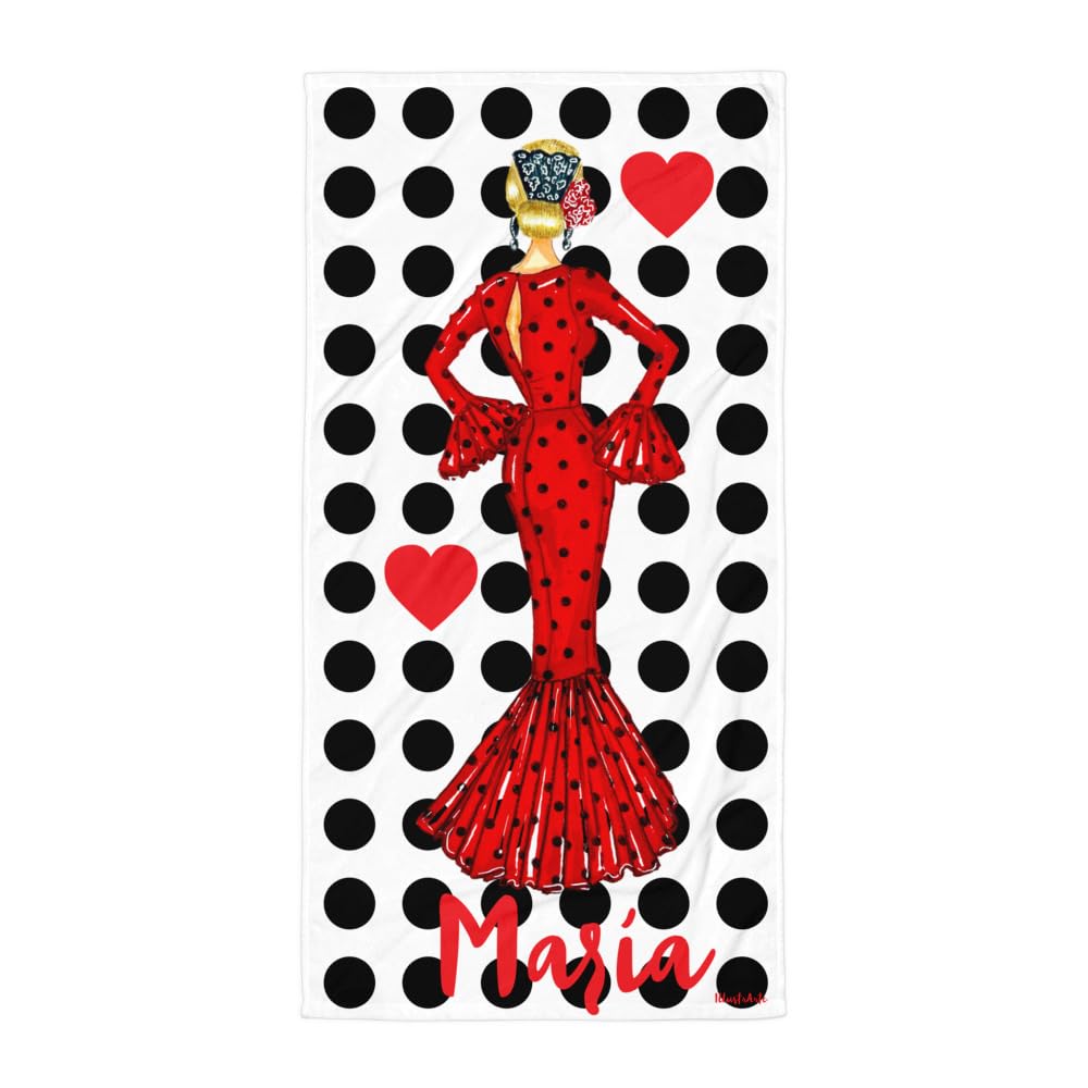 Serviette Personnalisée Flamenco 152x76 cm – María Rouge | Serviette personnalisée flamenco avec prénom, grand format doux pour plage, piscine, danse ou cadeau.