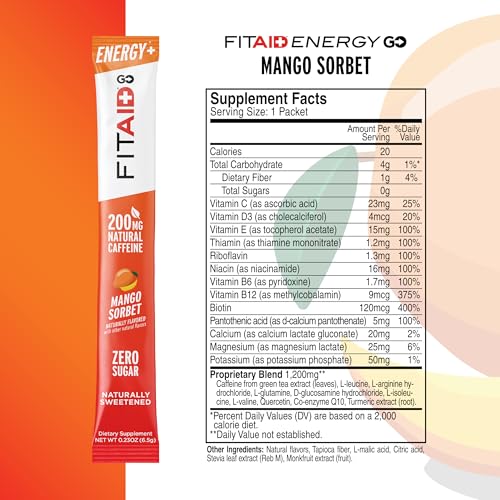 Image of FITAID Energy GO Blend, 200mg Caffeine from Green Tea, Zero Sugar, All-in-One Drink: BCAAs, B-Complex, COQ-10, Keto Friendly Pre-Workout Drink, Paleo, Mango Sorbet, (Value Pack of 30)