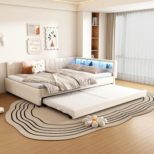 Merax Canapé-lit, 140 x 200 cm, extensible, avec bande LED changeante, USB + Type-C, compartiment de rangement sur le lit, lit gigogne avec sommier à lattes,...
