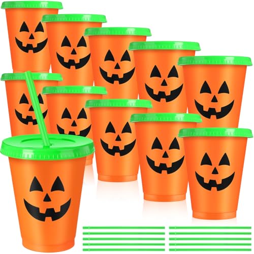 Skylety 10 Pcs Halloween Plastic Cups with Lids and Straws 16 oz Pumpkin Jack O Lantern Cups Plastic Tumbler Harvest Party Supplies Halloween Party Favors Supplies for Coffee Tea Cold Drinks