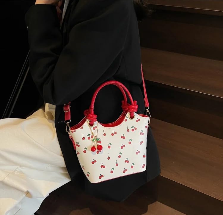 Image of Cherry Leather Tote Bag - Cute Y2K Shoulder Purse for Women, Red Designer Handbag with Top Handle, Fruit Print Clutch Satchel