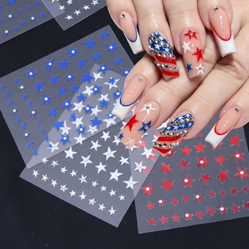 3Pcs Independence Day Star Nail Art Stickers with 5D Star Rhinestones Design Patriotic Nail Decals White Red Blue Star Nail Supplies Self Adhesive 4th of July Nail Stickers for Women Holiday Manicure