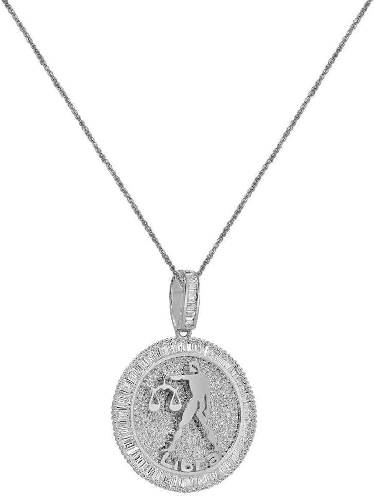 Authentic Italian Sterling Silver VVS1/D 4.98 Ctw. 14K White Gold Bonded Baguette/Round Cut Lab Simulated Diamond Zodiac Lucky Birth Sign Symbol Astrology Horoscope Charm Pendant + Free Rope Chain Neckless 25 Grams