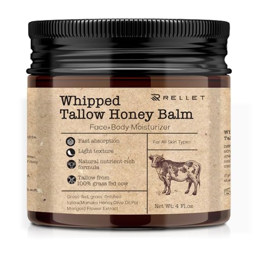 Image of Beef Tallow and Honey Balm for Skin: 4oz Grass Fed Whipped Beef Tallow With Honey Face Body Moisturizer - Organic Unscented Fast Absorption Tallow Cream Infused with Manuka Honey Beeswax Olive Oil