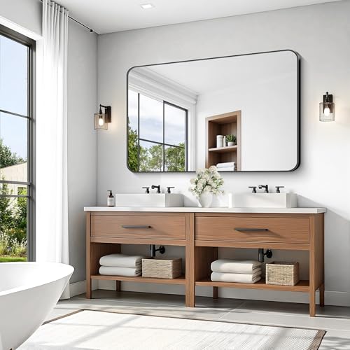 Image of KOCUUY 55x36 Black Bathroom Mirror, Large Matte Black Vanity Mirror, Tempered Glass Mirror for Bathroom Wall, Black Rounded Rectangle Mirror Modern Decor for Bedroom, Living Room, Farmhouse, Entryway