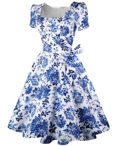 OBBUE Women's Square Neck Dress Vintage 1950s Cocktail Party Dress with Puff Sleeves2