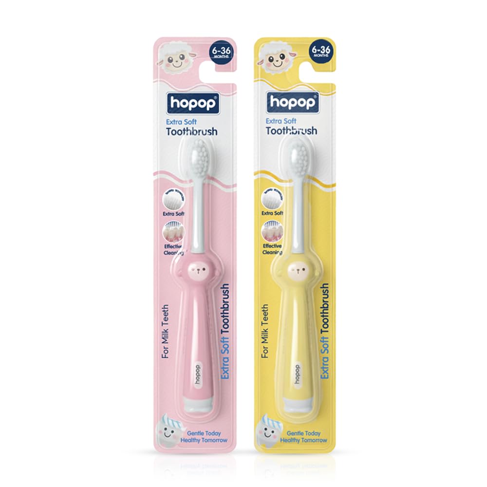 Hopop Baby Manual Toothbrush 6–36 Months | Extra Soft Tapered Bristles | BPA-Free | Milk Teeth Gum Care | Suction Stand | Toddler Training Toothbrush | Pack of 2 | Pink & Yellow-image-47