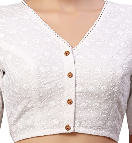 Image of Studio Shringaar Women's Readymade Natural Cotton Elbow Length Sleeves Chikankari Saree Blouse