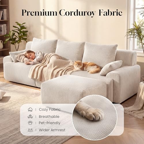 GRUSIGN 118'' Sectional Boneless Oversize Modular Couches, Curved Cloud Sectional Couches for Living Room,Rounded Corner Design L Shape Deep Seat Family Sofa with Ottoman & 3 Throw Pillows, Beige | Premium Corduroy, No Assembly Required, Rounded Corner, High-Resilience Foam, Ergonomic Support, Flexible Modular - Image 4