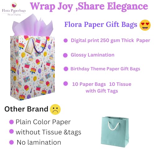 Image of Flora Paperbags - Birthday Pack of 10 Paper Bags for Return Gifts | Medium Carry Bags for Gifts | Return gift bags for kids birthday | Christmas Paper gift bags for kids party |size 30 (H)x23 (W) x9 (B)cm