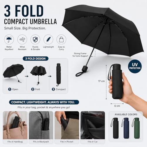 Image of Compact 3-Fold Black Umbrella - Windproof & Travel-Friendly, Manual Open-Close for Man, Women, Kids, Girls, Boys