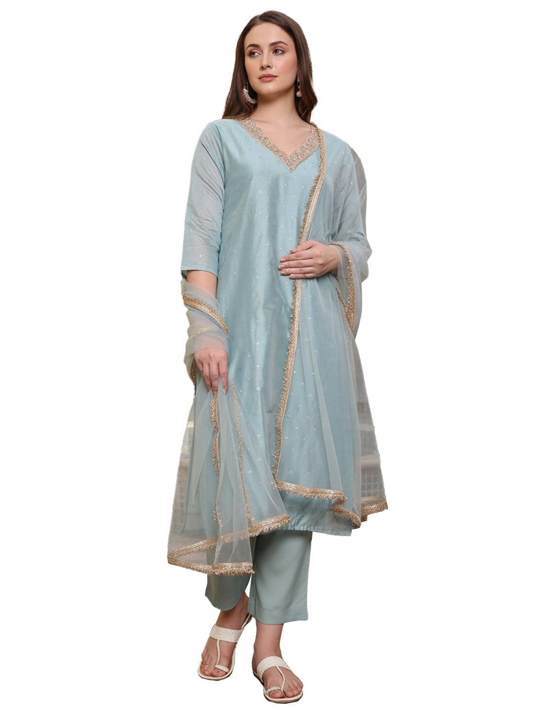 avanshee Women's Latest Straight Embroidred Chanderi Kurta, Pant with Dupatta Set-picture-28