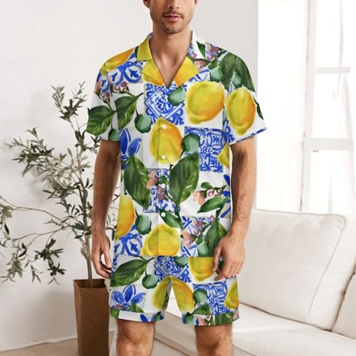 Mens Pajamas Set Soft 2 Piece Loungewear Sweet Pastel Forest Short Sleeve Shorts Sets2