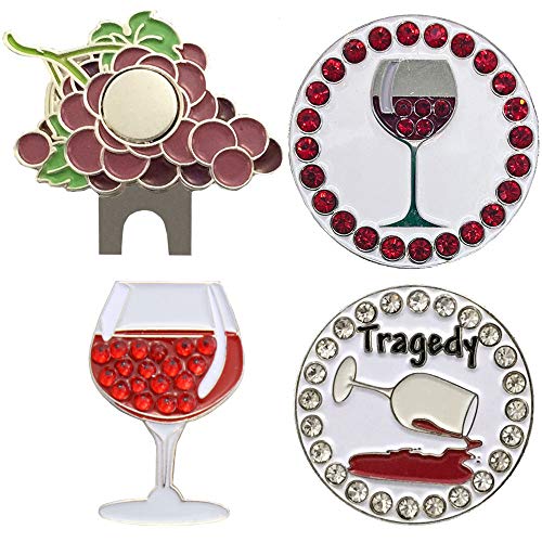 Giggle Golf Bling Golf Ball Marker Pack with Grape Hat Clip – Sparkly Markers for Women Golfers (2 Glasses of Red + Spilled Wine) – Fun 9 & Wine Golf Gift Set
