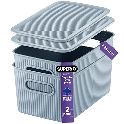 Image of Superio Ribbed Collection - Decorative Plastic Basket Open Home Storage Bins Organizer, Blue Container Boxes for Organizing Closet Storage Bins for Shelves (Bin with Lid- Medium (5 Liter), 2 Pack)