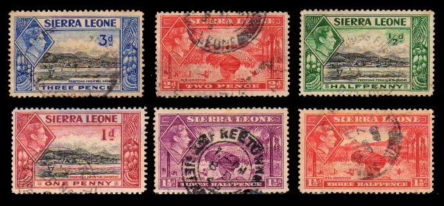 ISC~ Sierra Leone 1938, King George VI Stamps, Set of 6 Used & Old Stamps, British Commonwealth Stamps, Stanley Gibbons No. 188-192, All Genuine Postage Stamps~ STAMPEX