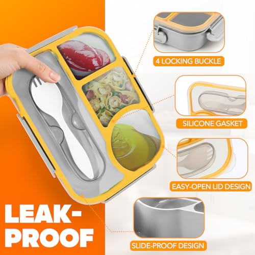 Image of EASYFUN Bento Box Adult, Lunch Box, 4-Compartment Lunch Containers, Drop-Proof, Dishwasher Safe & Made with BPA-Free Materials (Grey)