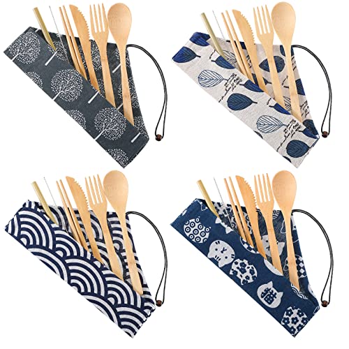 4 Sets Bamboo Utensil Travel Cutlery Set, Reusable Bamboo Utensil Fork Knife Spoon Chopsticks Straw Cleaning Brush for Eating Travel Picnic Office School (Vintage Style)