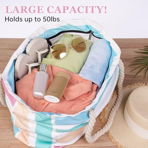 Stylish Waterproof Beach Tote Bag for Women, Large Capacity Zipper Closure with Rope Shoulder Straps2