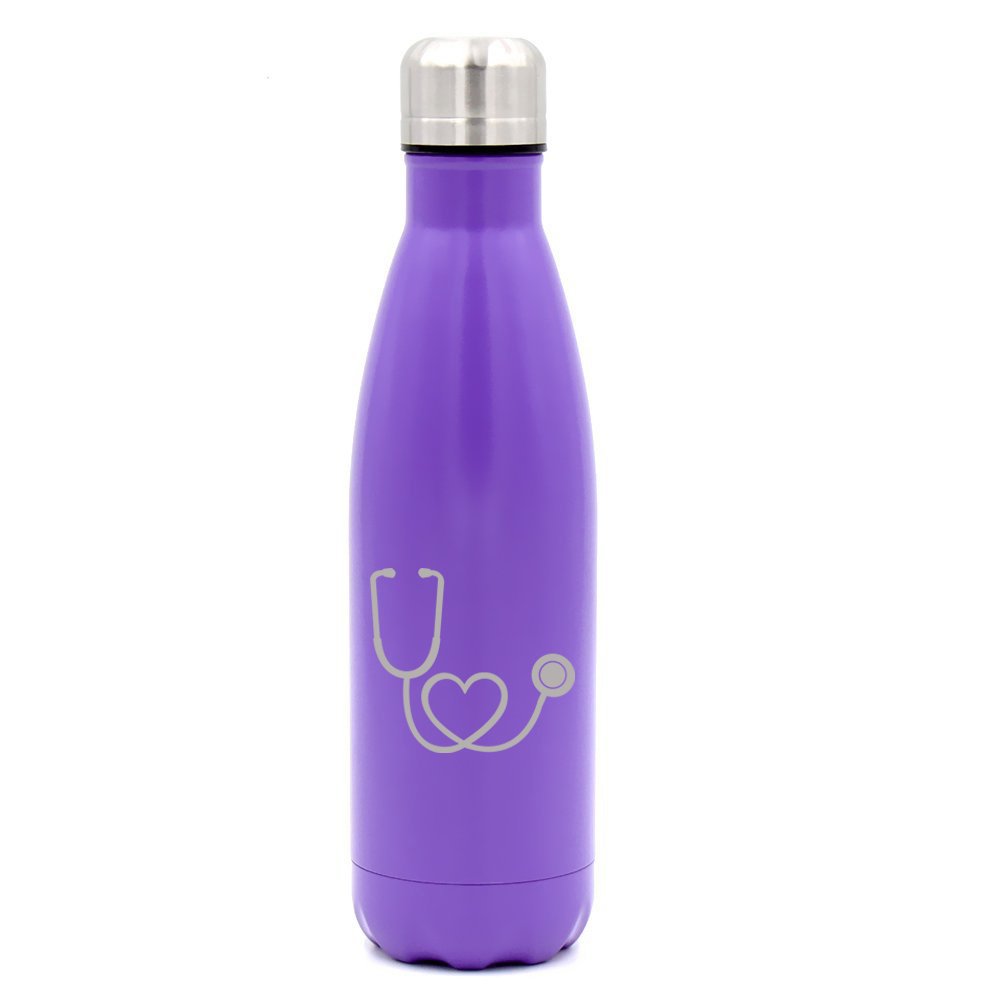 17 oz. Double Wall Vacuum Insulated Stainless Steel Water Bottle Travel Mug Cup Heart Stethoscope Nurse Doctor (Purple)