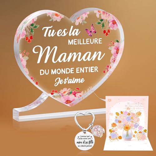 Cadeau de Noël pour Maman - Cœur en Acrylique Tu ES la Meilleure Maman du Monde Entier avec Porte-clés et Carte - Message d'amour Je t'aime - Idée Cadeau Originale