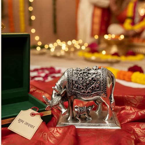 Image of 999 Pure Silver Plated Kamdhenu Cow Idol | 4 Inch Vastu Home Decor | Symbol of Prosperity & Abundance | Auspicious Religious Gift for Pooja Room & Mandir