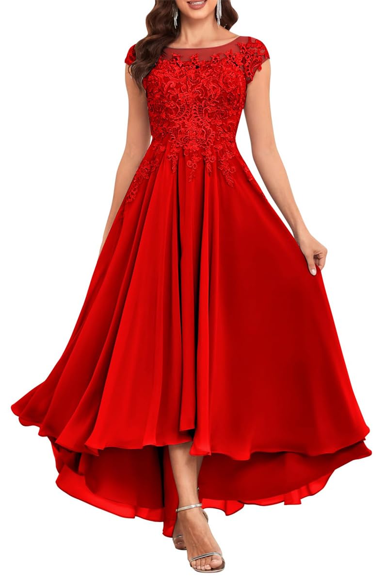 Kurface Women's Red Tea Length Petite Mother Of The Bride Dresses With Sleeves Modest Lace Formal Bridesmaid Dress For Wedding Uk18