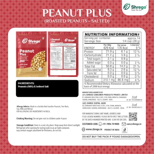 Image of Shrego Peanut Plus Roasted Peanuts Salted 720 g (2 x 360 g) | Vacuum Packed | Dry Roasted Groundnuts | Lightly Salted Crunchy Snack | Namkeen Moongfalli