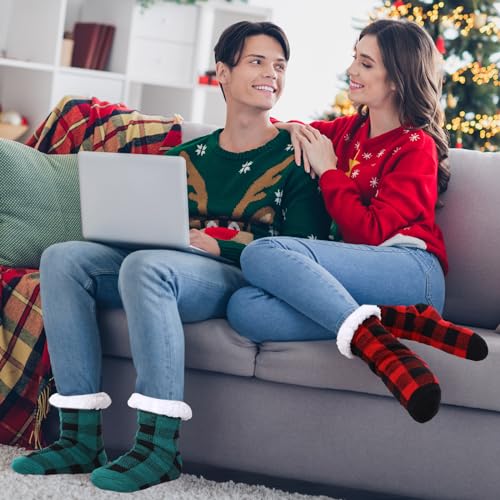 Image of Suhine 2 Pairs Christmas Slipper Socks for Women Fuzzy Cupcake Socks with Gift Boxes Plaid Socks for DIY Winter Xmas Gift