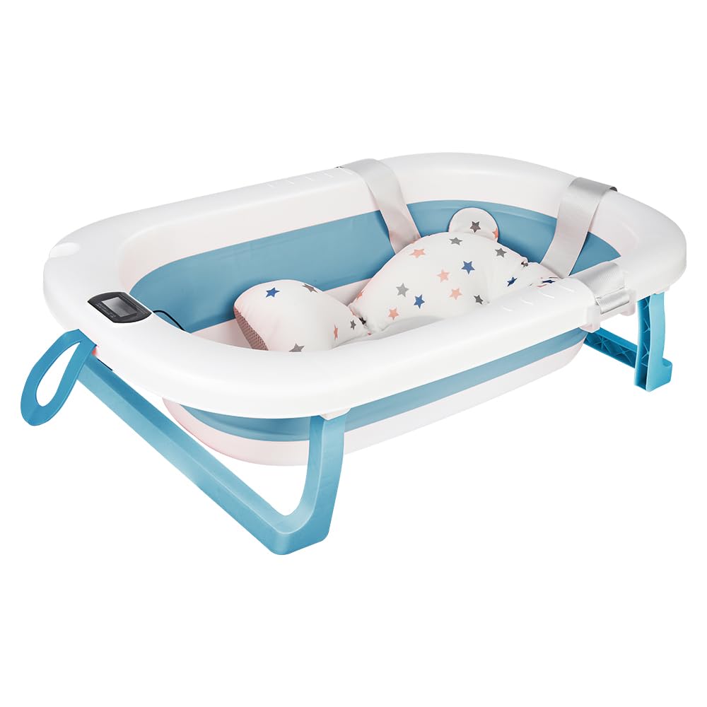 Belfoyer Baby Badewanne Faltbar mit Thermometer & Rutschfestem Badekissen – Tragbare Babybadewanne Ergonomisch, Platzsparend & Sicher – Für Neugeborene bis 3 Jahre, Baby Bathtub Blau