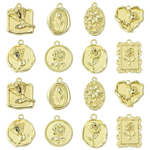 Stiesy 40Pcs 8 Styles Baroco Style Flower Charms Pendants Golden Colour Rose Charms Romantic Charms for DIY Jewelry Making Bracelets Crafting