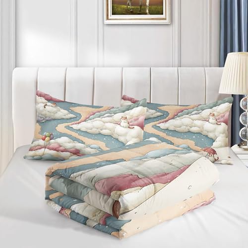 Image of AILONEN Aesthetic Sky Comforter Queen Size 3 Pieces Whimsical Cat Path Bedding Master Guest Room Luxury Decor Pastel Rainbow Quilted Blanket All Season Microfiber Bedspread Set