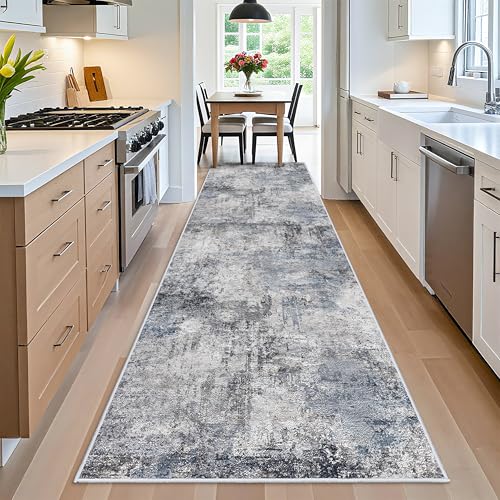 Washable Wide Runner Rug 4x12 - Living Room Abstract Runner Rugs Soft Low Pile Indoor Carpet for Bedroom Kitchen Non Slip Backing Stain Resistant Distressed Floor Decor Machine Washable Mat 4x12 Blue