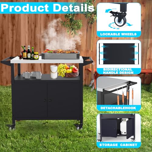 Image of COZEER Outdoor Grill Table with Storage, Movable BBQ Grill Cart, Outdoor Kitchen Prep Station, Rolling Bar Serving Cart with Utensil Hooks, Blackstone Griddle Stand