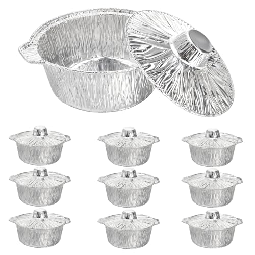Frcctre 10 Pcs Disposable Aluminum Pot with LidS Disposable 2 Liter Round Aluminum Foil Pan Food Container for Camping Vacation Trips Picnic Heating Cooking