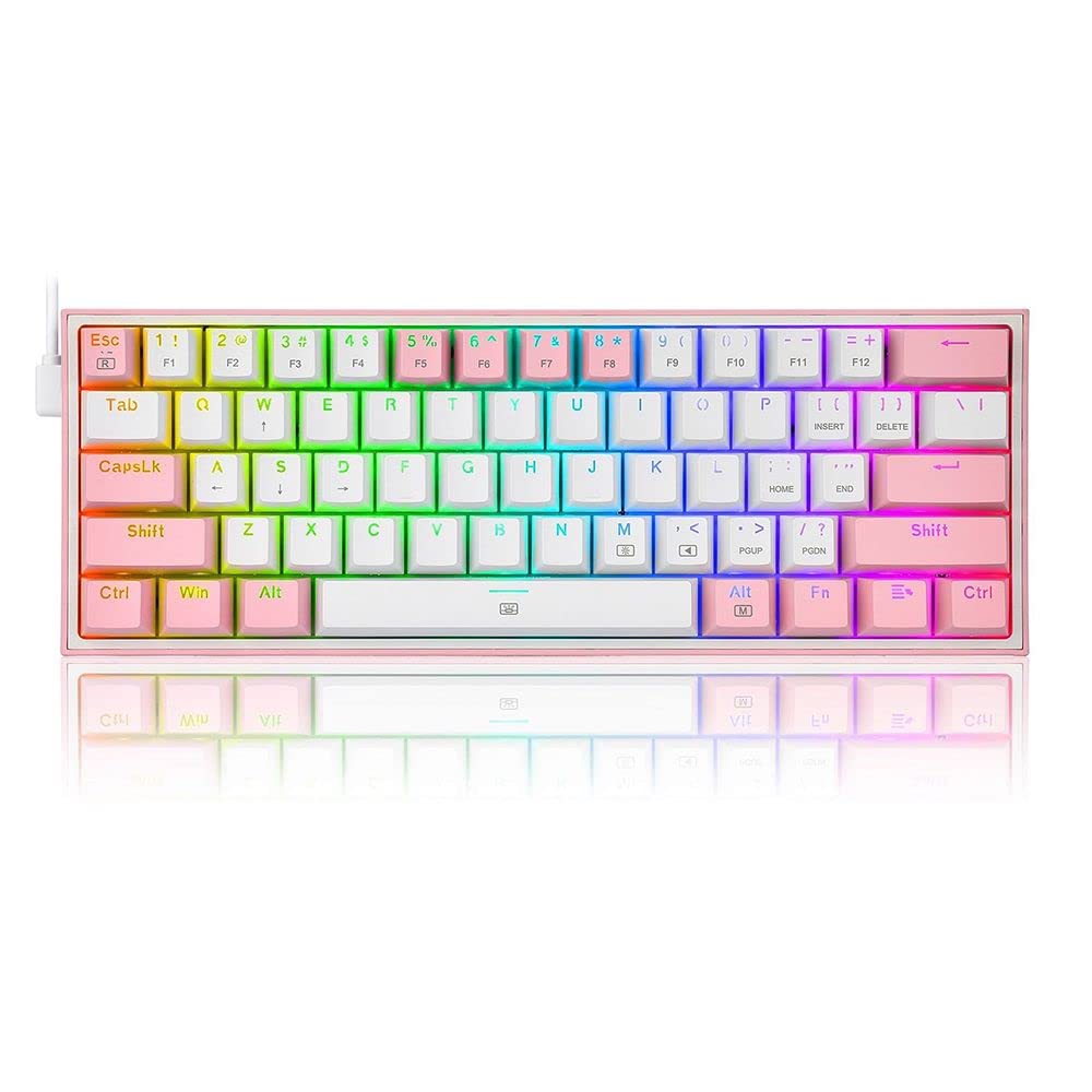Redragon Tastiera meccanica Gaming K617 Fizz RGB |Tastiera Gaming 60% |interruttori rossi | distribuzione inglese us| cavo USB | tastiera da gioco 61 tasti | bianco e rosa