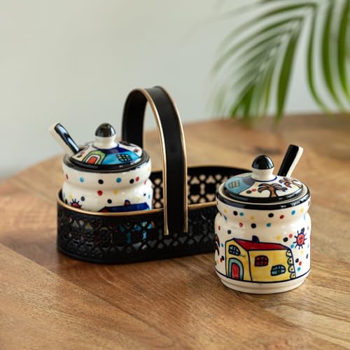 Image of ExclusiveLane 'The Hut' Ceramic Pickle Jars for Dining Table Jars With Spoons & Iron Holder (Non Air-Tight,Set Of 2,280 ml,Multicolor) | Ceramic Jars for Kitchen Storage Pickle Jar for Storage