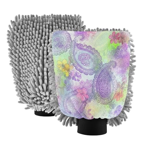 Kigai Beautiful Ethnic Retro Flowers Car Wash Mitt Microfiber, 2Pcs Scratch Free Lint-Free, Premium Chenille Microfiber Mitt Car Wash Brush-M