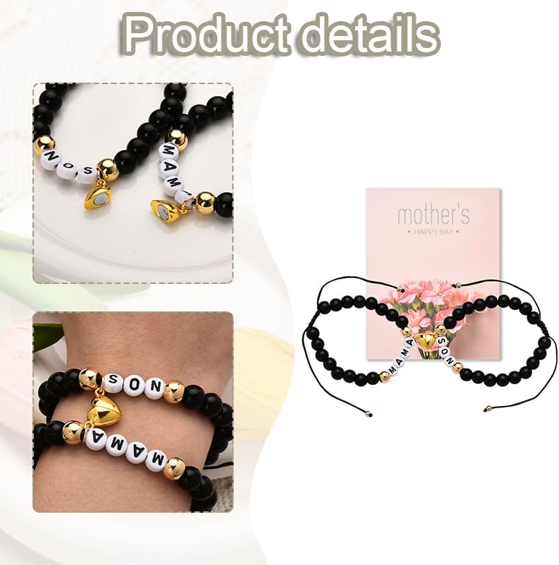 Black Mother and Son Bracelet Matching Heart Bracelets for Mama Son Birthday Gifts from Mom Mothers Day Gifts for Mom Mommy Mama Sons Bracelet Adjustable Bead Gift Set for 2 - Image 4