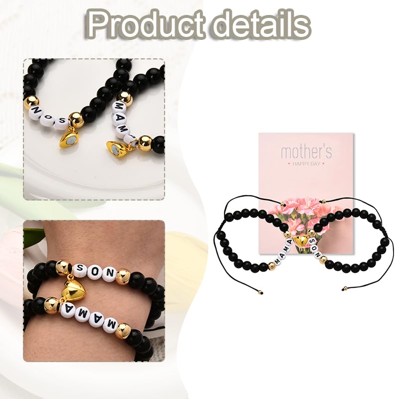 Black Mother and Son Bracelet Matching Heart Bracelets for Mama Son Birthday Gifts from Mom Mothers Day Gifts for Mom Mommy Mama Sons Bracelet Adjustable Bead Gift Set for 24