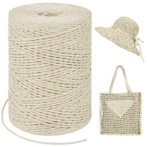 Image of Milky White Raffia Yarn for Crochet Bags, 1.5mm x 328 Yards Round String Ribbon for Gift Wrapping, Paper Yarn for Crocheting Sun Hat, Bag, DIY Crafts, Holiday Decoration