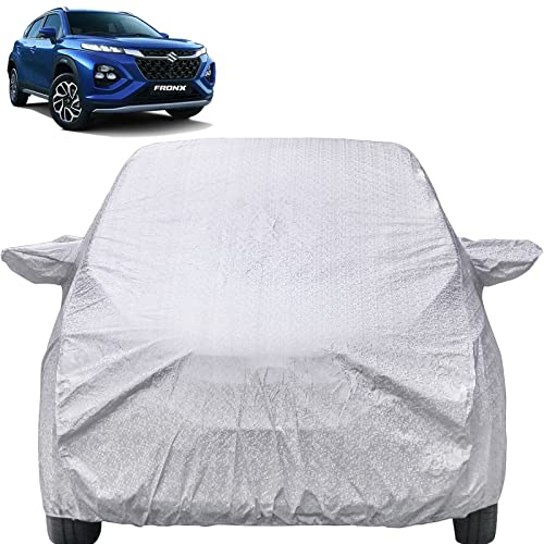 Image of Autofact Fronx Waterproof Car Cover with Mirror Pockets, Shinning Silver Design, Non Woven Fabric,Triple Stitched, Compatible with Maruti Fronx Car Cover (2023 /2024), Fronx Car Accessories