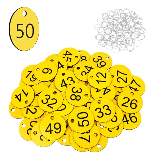 Flintronic Etiquetas Numeradas Número, Llaveros Numerados para Taquillas, Numeros Etiquetas de Plástico, para Taquillas Hoteles Pubs Spa para Identificación Guardarropa, 1-50 Amarillo