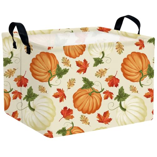 Large Fall Storage Basket Collapsible Kids Toy Bin Gift Box Nursery Room Decor (Maple Leaf Orange White Pumpkin)