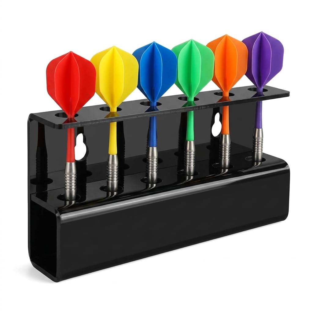 Darts Holder Wall Mounted, black acrylic, fits 6 darts. Includes screws, wall plugs, double sided tape. For home, game room, bar, pub, dartboard setup – easy installation, space-saving design