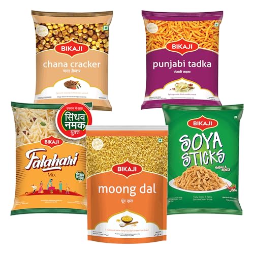 Bikaji Snacks Combo – SOYA STICKS & FALHARI MIX & Moong Dal & PUNJABI TADKA & ROASTED CHANA CRACKER | 5 Pack Variety | Bar Snacks, Party Mix & Tea-Time Treats – 1000g