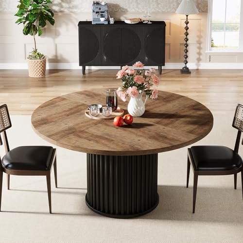 Image of Tribesigns 47.24-Inch Black Round Dining Table for 4-6 People, Modern Fluted MDF + Metal Base Kitchen Table, Sturdy Circle Dining Room Furniture, Brown + Black